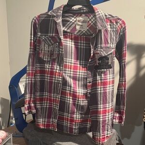 Womens Plaid Shirt - Red and Gray with patch